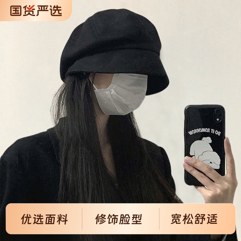 黑色贝雷帽2025新款春秋冬季保暖大头围堆堆冷帽显脸小渔夫帽子女