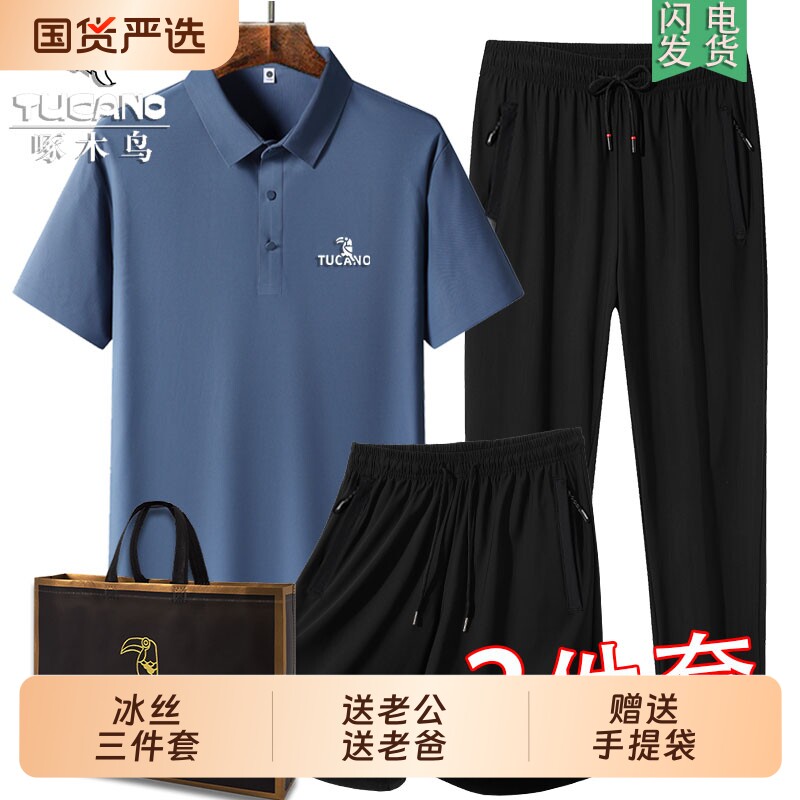 啄木鸟爸爸夏装新款休闲运动套装男冰丝polo衫男中老年父亲节礼物
