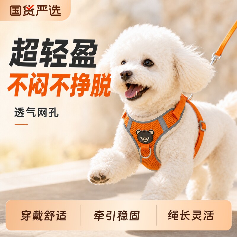 夜间安全反光！小型犬胸背牵引绳