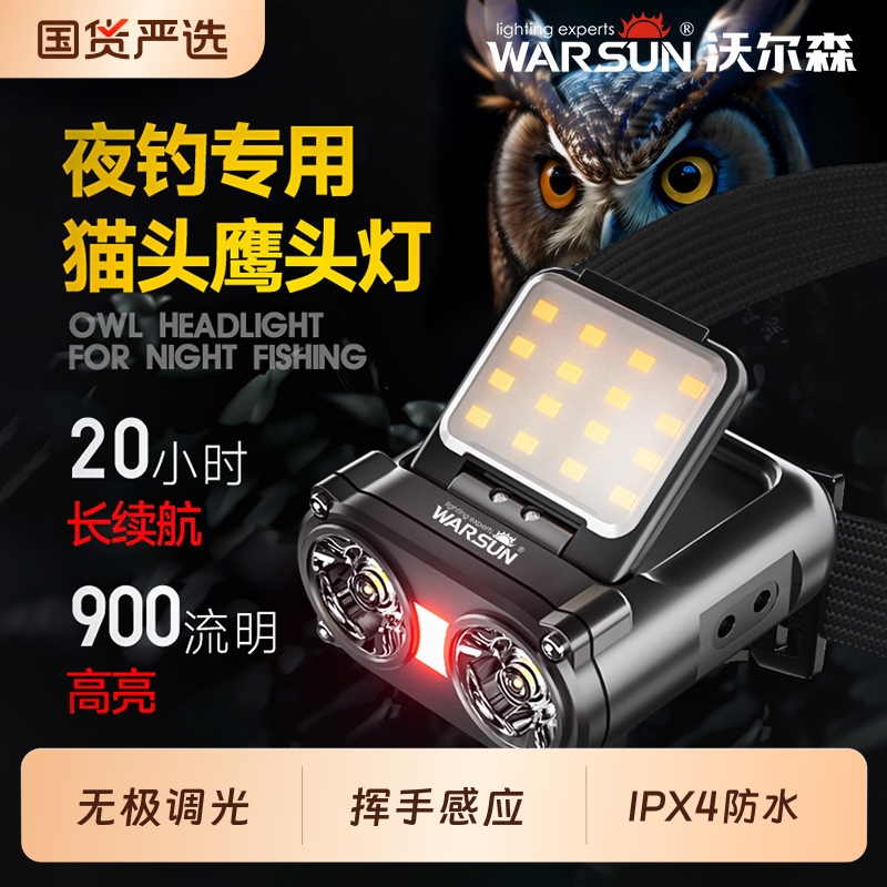 沃尔森猫头鹰头灯强光超亮夜钓鱼专用感应充电超长续航头戴帽夹灯