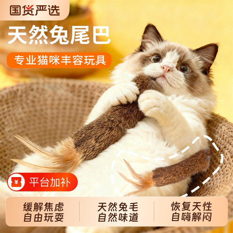 兔尾巴兔毛气容兔子玩具猫咪闻嗅解闷逗猫兔毛条逗猫棒虫瘿猫猫