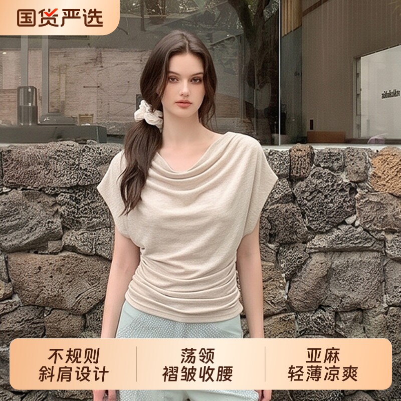 不规则荡领斜肩设计感短袖T恤女图片