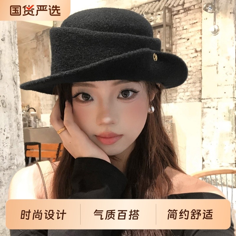 法式赫本风优雅黑色礼帽女秋冬复古显脸小卷边千金毛呢帽子渔夫帽