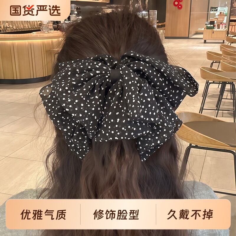 双层波点蝴蝶结发夹女后脑勺饱满鲨鱼夹马尾抓夹半扎发高级感发饰