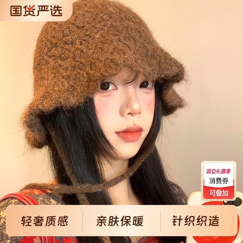 绑带针织渔夫帽子女款2025新款秋冬百搭显脸小水桶帽大头围毛线帽