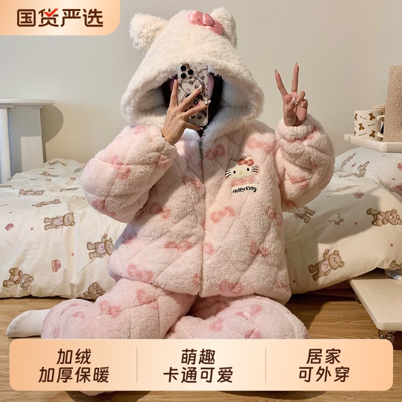 珊瑚绒睡衣女款加绒加厚秋冬季三层夹棉家居服套装居家可外穿薄款