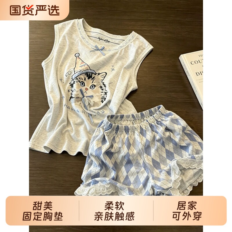 可爱猫咪带胸垫纯棉睡衣女背心图片
