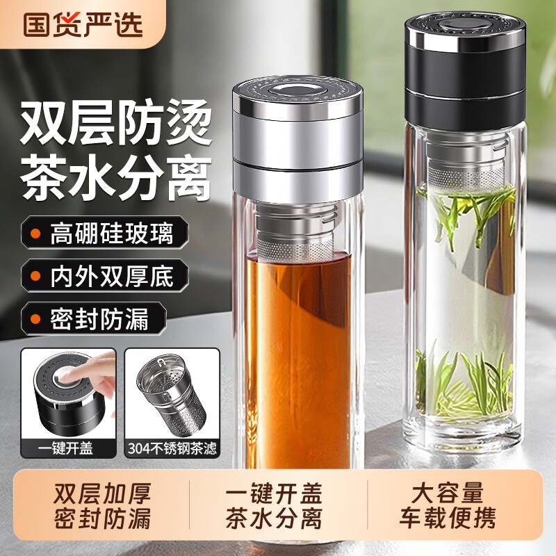双层玻璃杯一键开盖大容量水杯图片