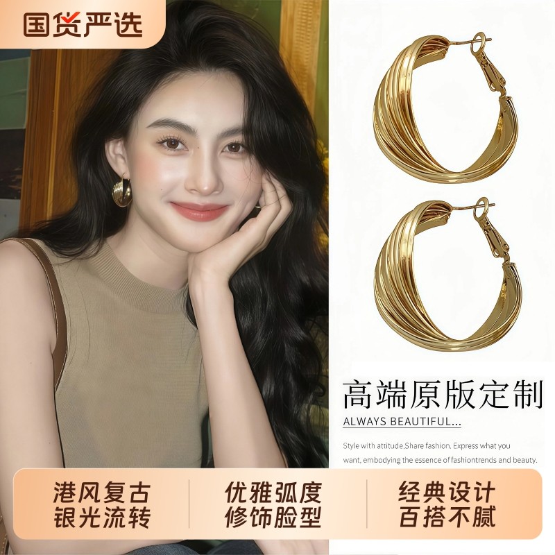 S925纯银针耳环耳圈复古港风大圆圈2025新款爆款女高级感夸张