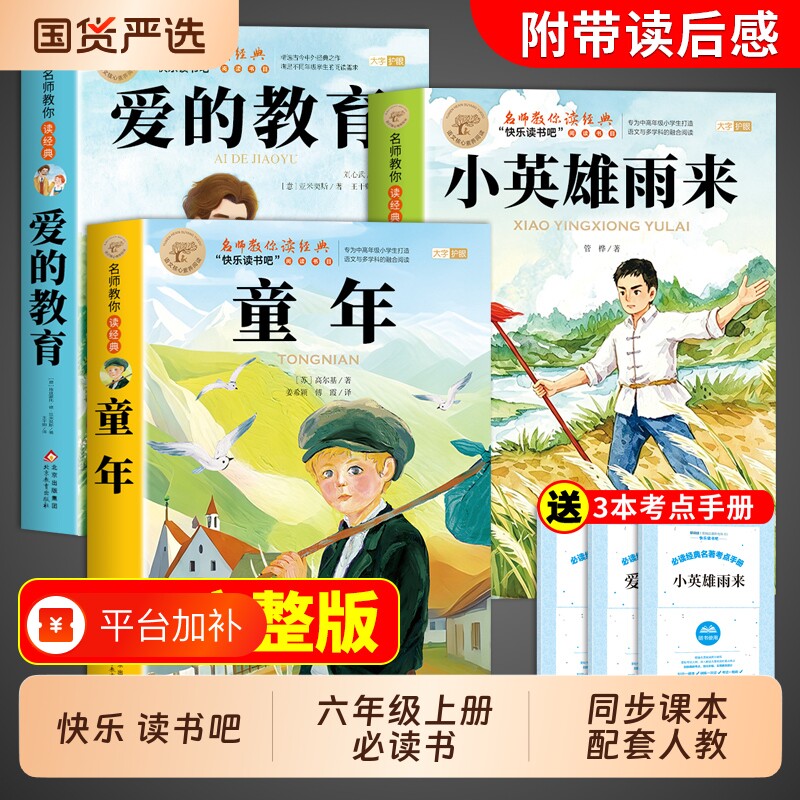 全套3册童年六年级上册快乐读书吧必读课外书爱的教育和小英雄雨来的