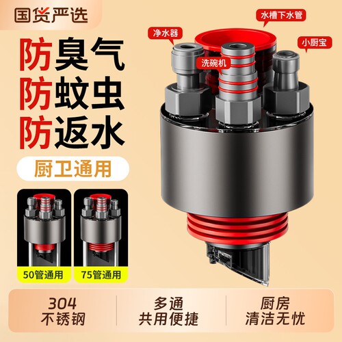 不锈钢厨房下水管道三通接头分水器三头通洗菜盆水槽排水防返臭器