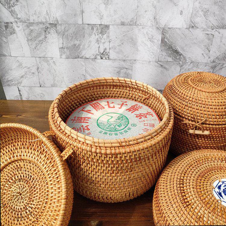 越南秋藤编七子饼茶叶罐普洱茶饼包装盒礼品盒沱茶散茶存茶桶