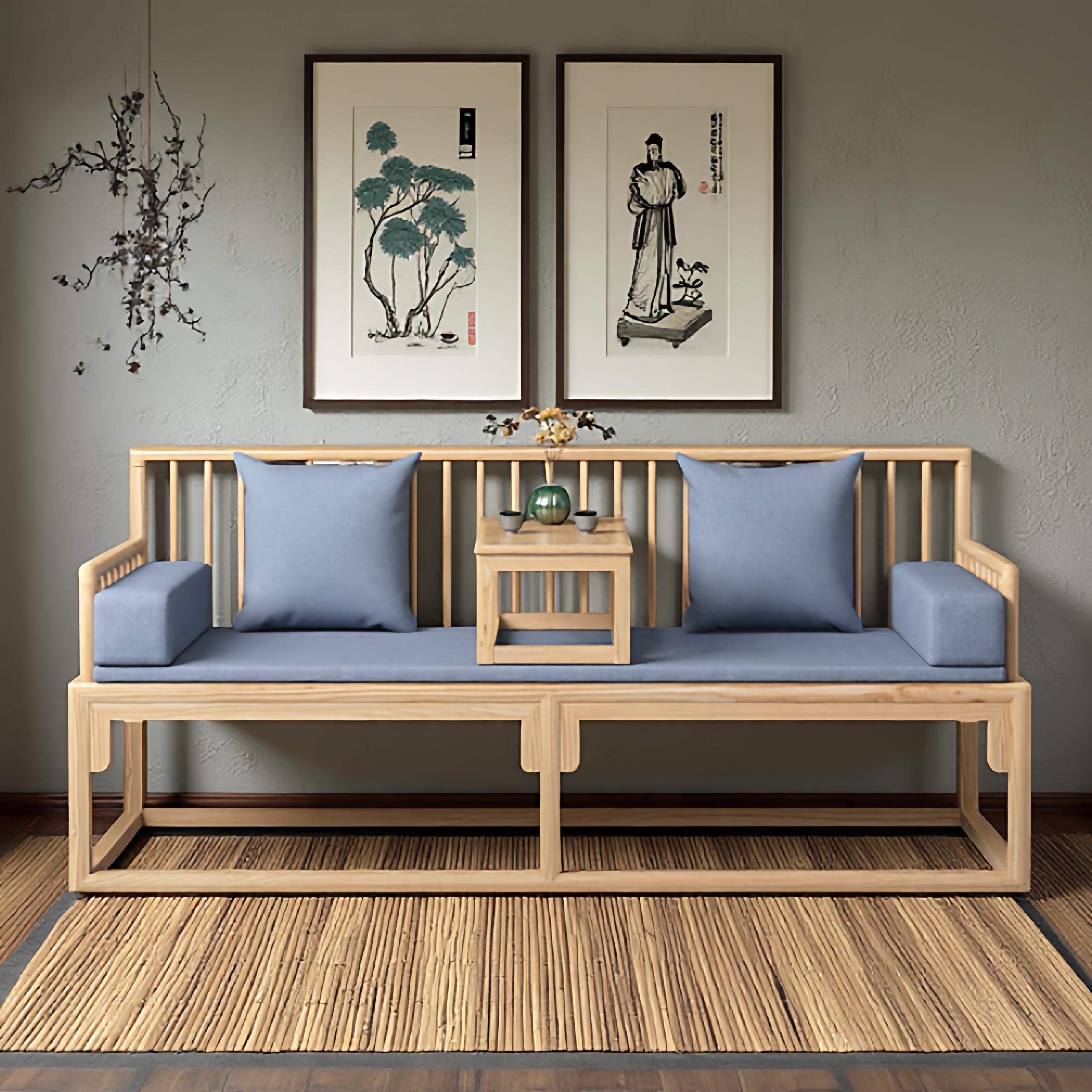 新中式推拉实木罗汉床客厅禅意沙发床两用小户型贵妃伸缩床白蜡木