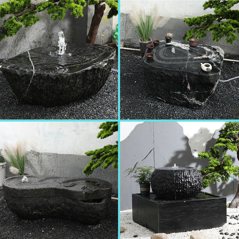 天然黑山石水钵流水石钵户外造景室内庭院流水摆件水盆涌泉景景观