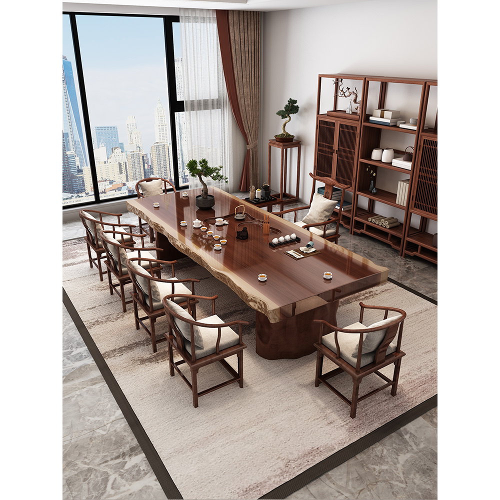 新中式实木大板刻茶盘整板茶桌新款原木办公室泡茶台茶桌椅组合