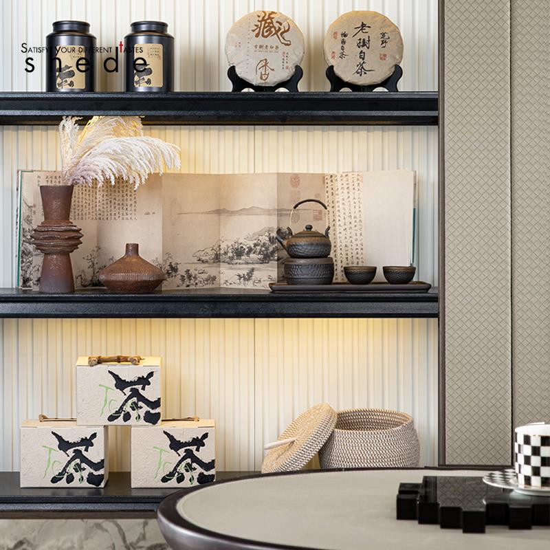 新中式侘寂风样板间茶室书房书柜客厅博古架软装饰品陈列摆件套装