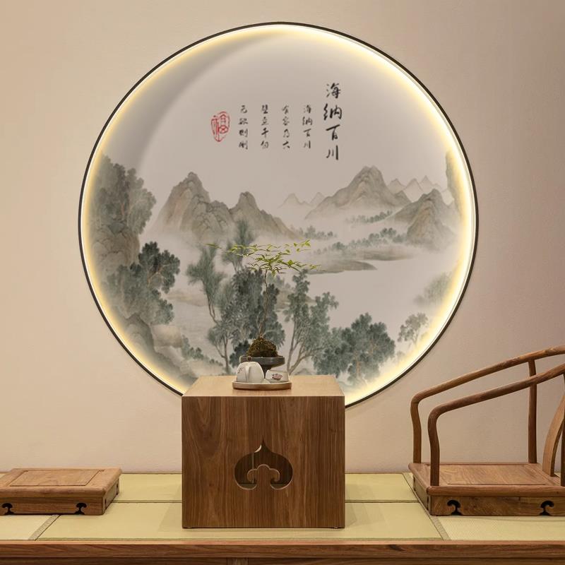山水画入户玄关装饰画新中式圆形进门走廊过道壁画壁纸墙纸墙布3d