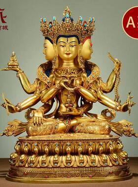 藏村全鎏金《尊胜佛母》精工铜雕宝石镶嵌室内家用桌面铜佛像摆件
