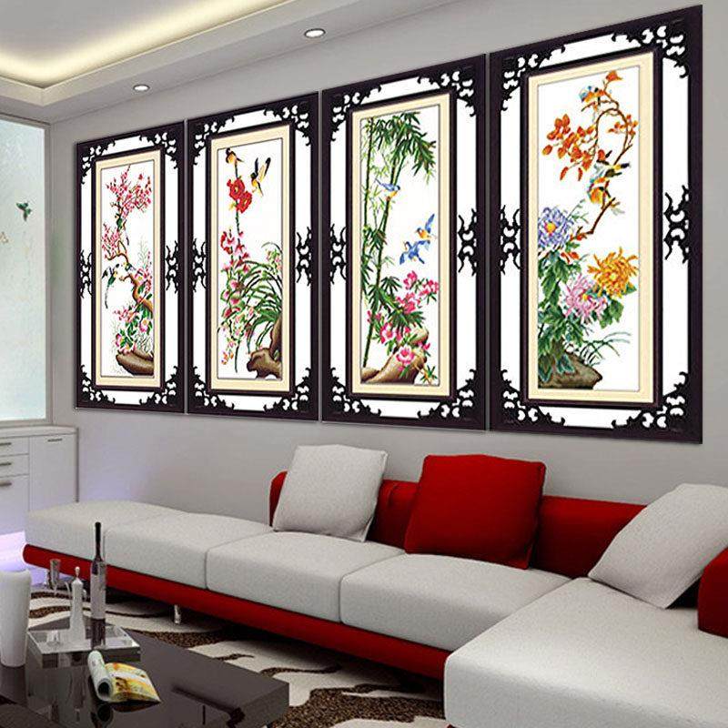 2024新款线绣十字绣成品纯手工梅兰竹菊四联绣好的出售客厅办公室