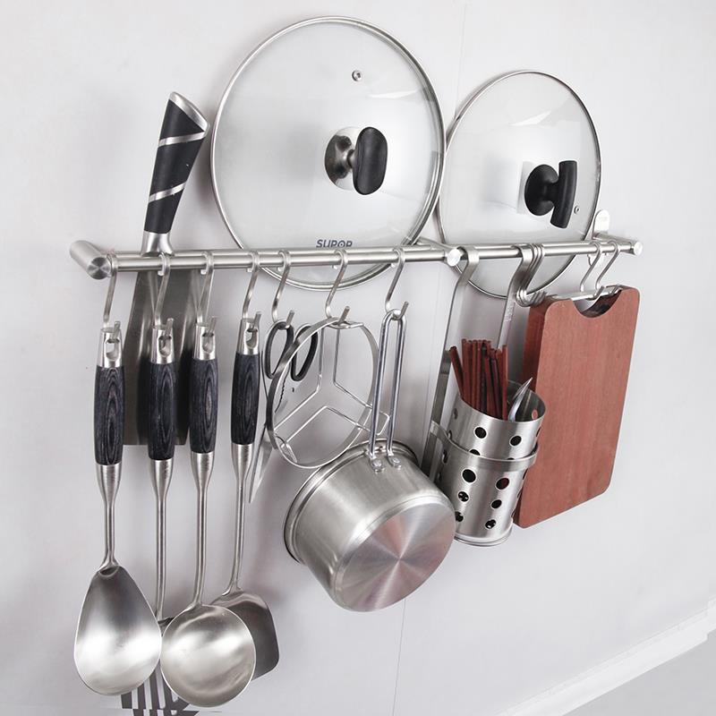 双杆厨房挂杆304不锈钢拉丝活动挂钩排勾加长挂架免打孔层置物架