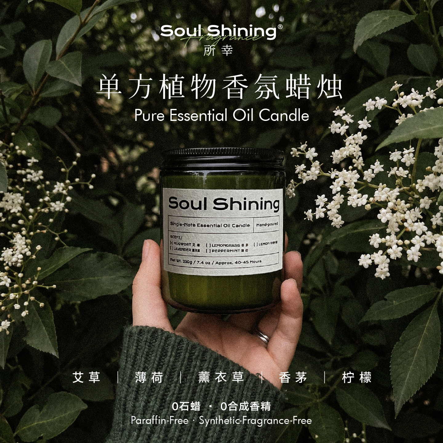 所幸植物香薰蜡烛艾草薄荷香茅薰衣草柠檬210g大容量大豆蜡舒缓