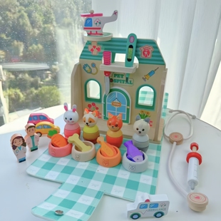 儿童木质过家家小医生玩具宠物医院打针筒听诊器医疗包男女孩礼物