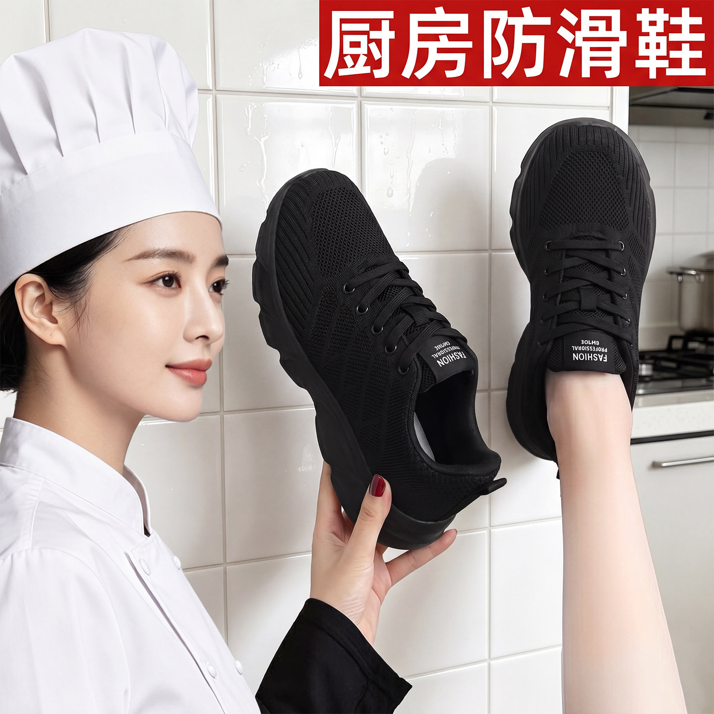 厨房防滑鞋女厨师专用不累脚黑工作鞋休闲软底网面透气上班运动鞋