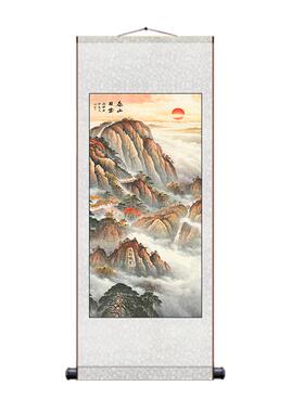 有山稳如泰山画靠山图泰山日出挂画无水丝绸卷轴画玄关国画装饰画