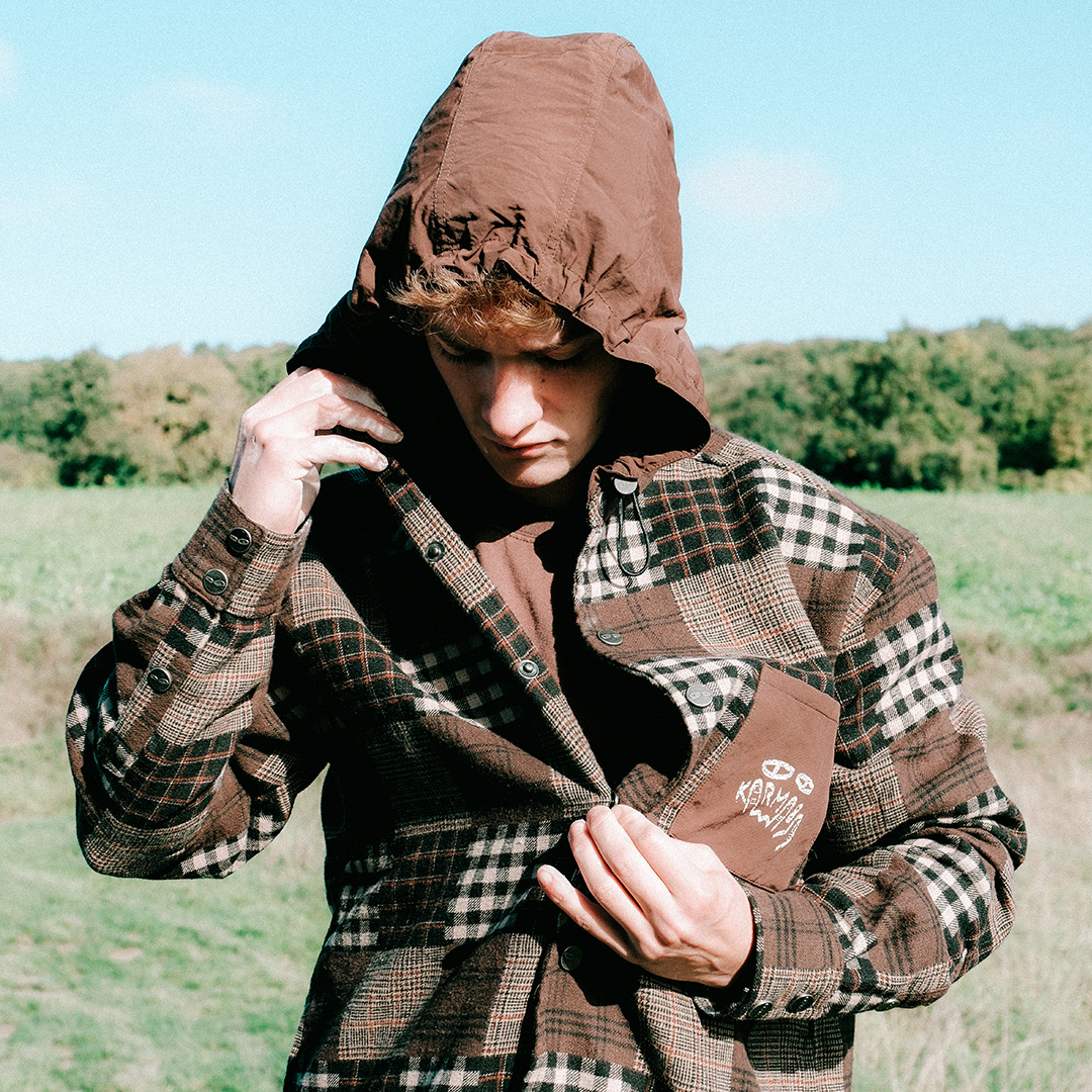 法国攀岩潮牌拼接格子连帽衬