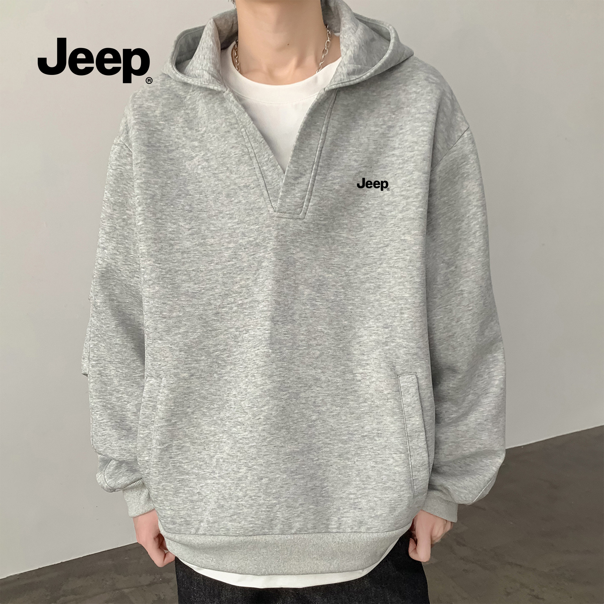 Jeep吉普加绒卫衣男2026春季款加厚青少年宽松连帽套头衫外套上衣