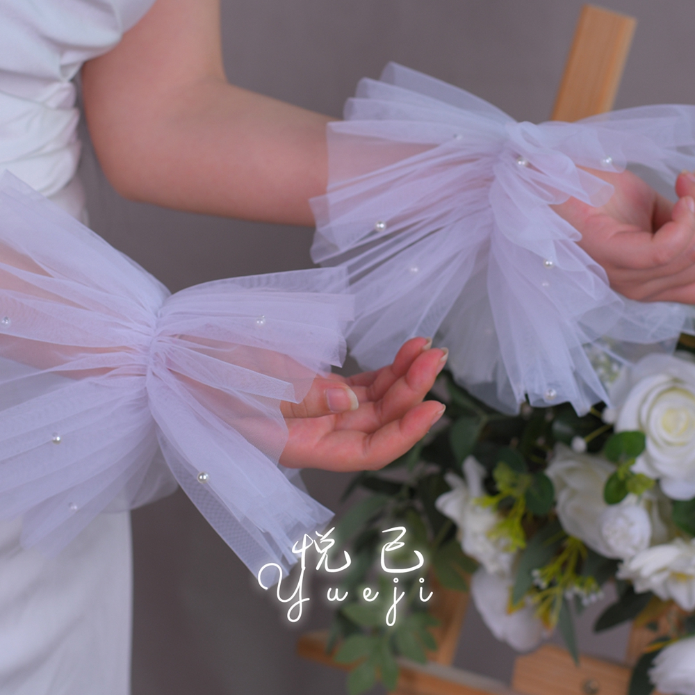 悦己 新款百搭珍珠网纱伴娘新娘手套遮手臂袖套晚宴礼服外穿YJM33
