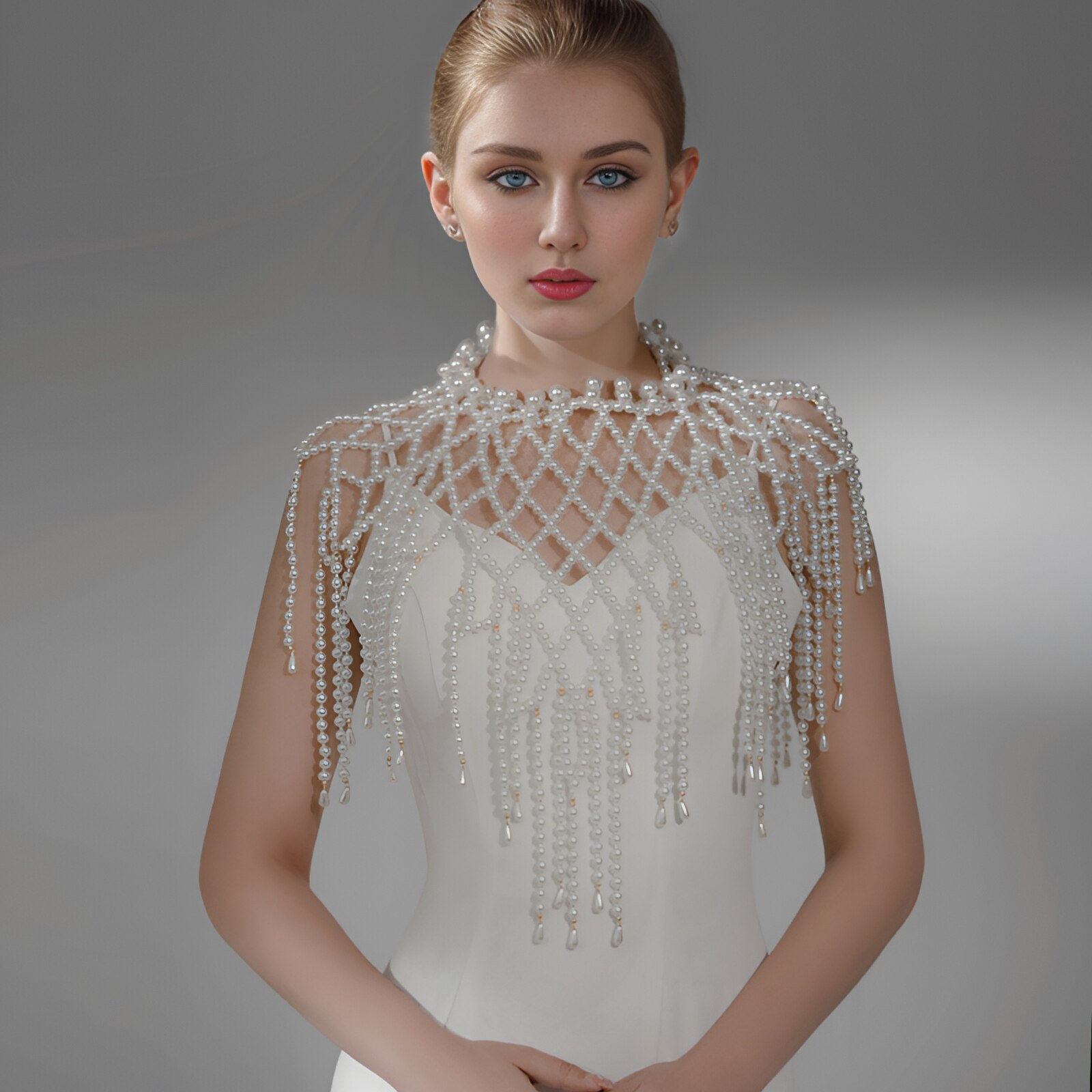 悦己 奢华镂空手工珠串流苏珍珠披肩汉服抹胸礼服演出服配饰YJG42