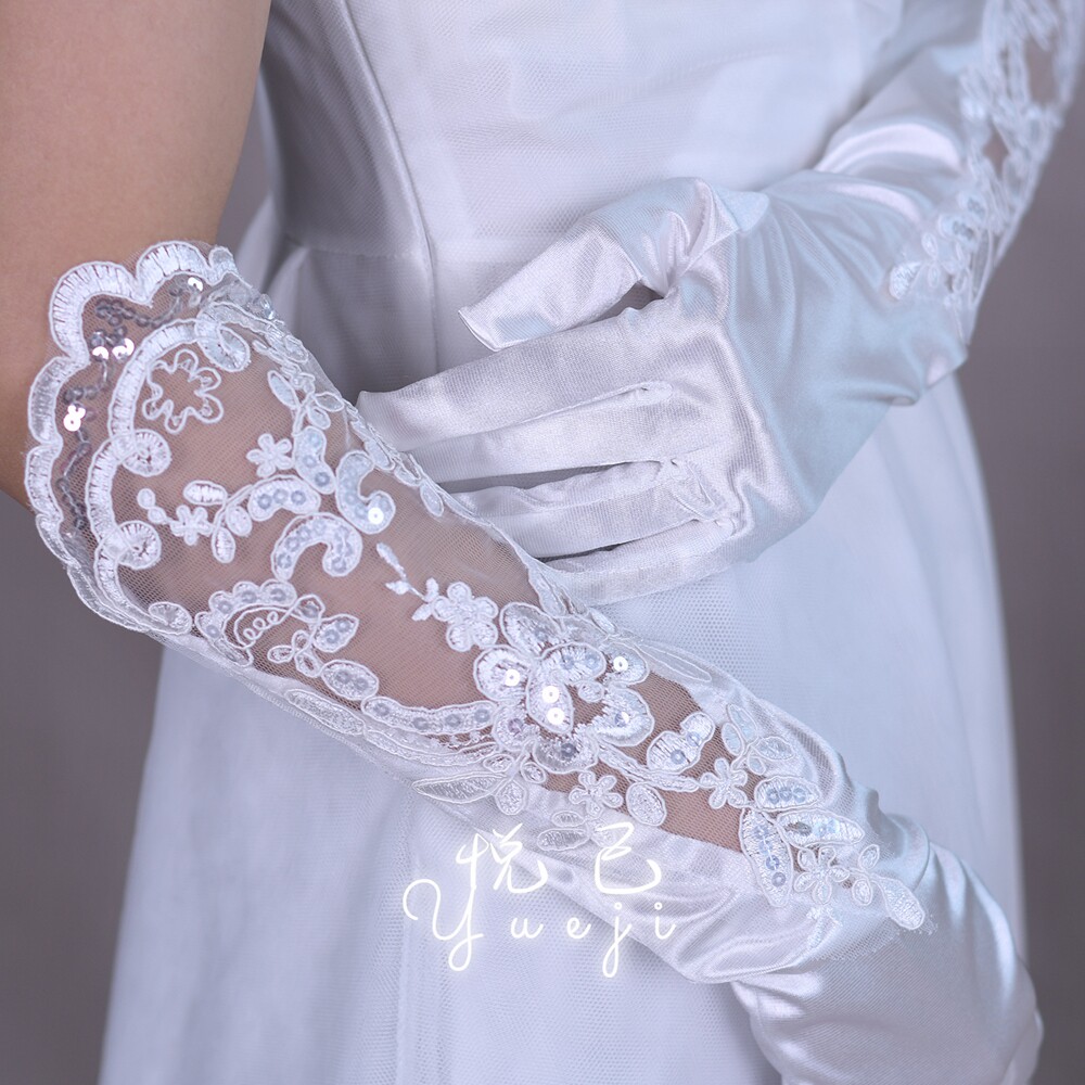 悦己 高级缎面蕾丝镂空分指新娘手套结婚礼服长款礼仪手套配饰m06