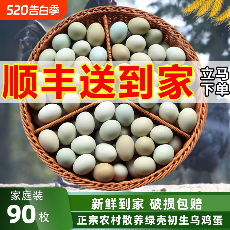 顺丰送丨绿壳山鸡蛋90枚新鲜乌鸡蛋整箱正宗农村散养土鸡蛋家庭装