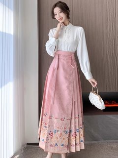 伊芙丽新中式粉色马面裙套装小个子汉服半身裙国风汉元素日常裙子