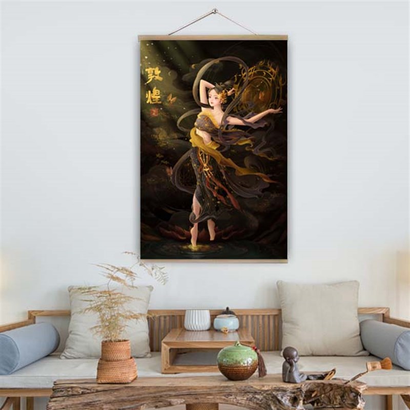 速发飞天敦煌油画人物中式壁画客厅玄关背景电表箱装饰画实木卷轴图片