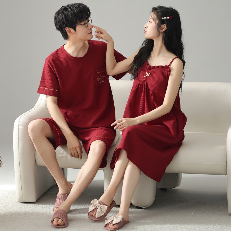 速发情侣睡衣纯棉夏季新婚红色家居服士睡裙带胸垫结婚男款套装