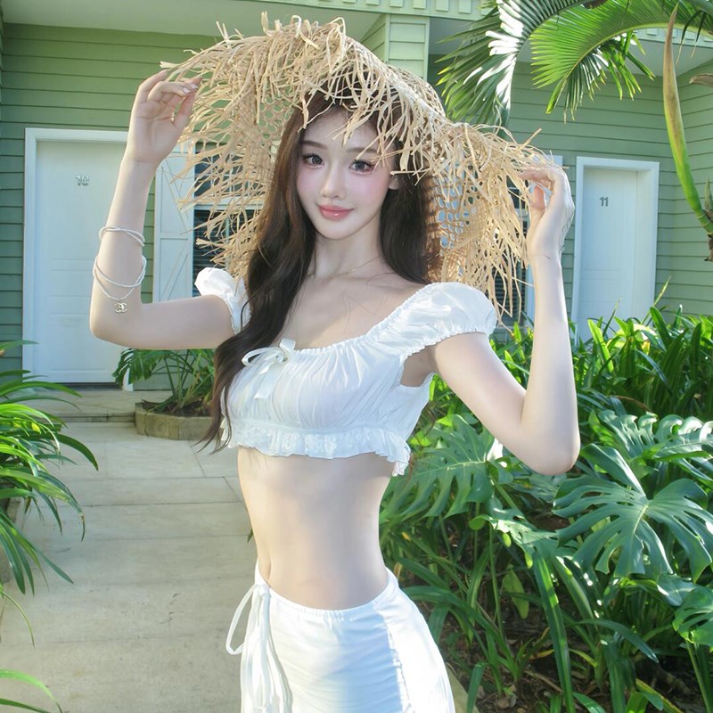 速发泰国旅游拍照穿搭度假风套装白色超仙泡泡袖上衣半身长裙两件