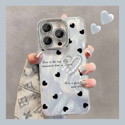苹果15/14/13羽纱珍珠爱心手机壳