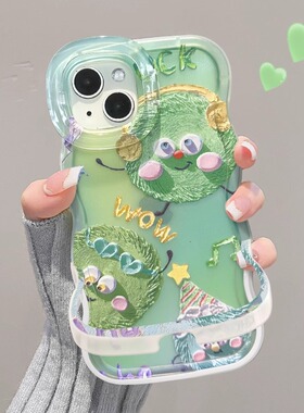 适用iPhone14Promax手机壳新款苹果15Plus油画绿色毛球16Pro高级感创意13全包12防摔11支架x时尚爆款xs波浪壳