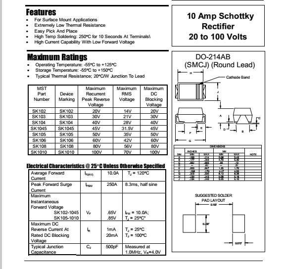 (10只)SK1010 全新肖特基贴片二极管 10A 100V K1010 SMC