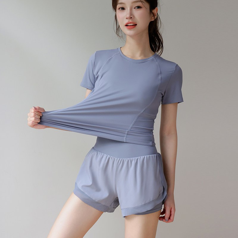 好货跑步运动套装女修身显瘦假两件防走光短裤套装普拉提训练骑行
