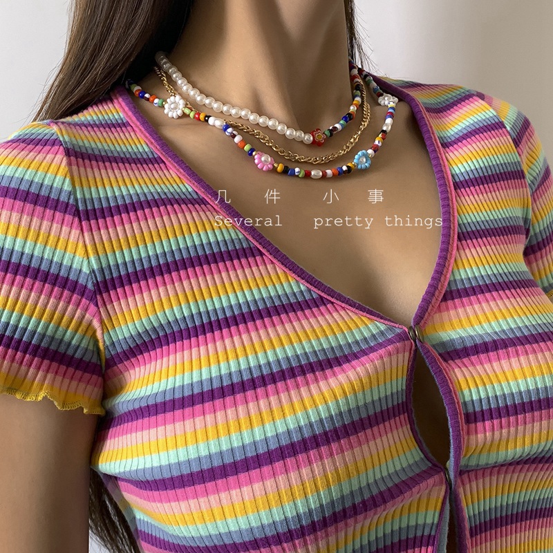 几件小事波西米亚森女系清新甜美小雏菊碎花撞色米珠多层叠戴项链