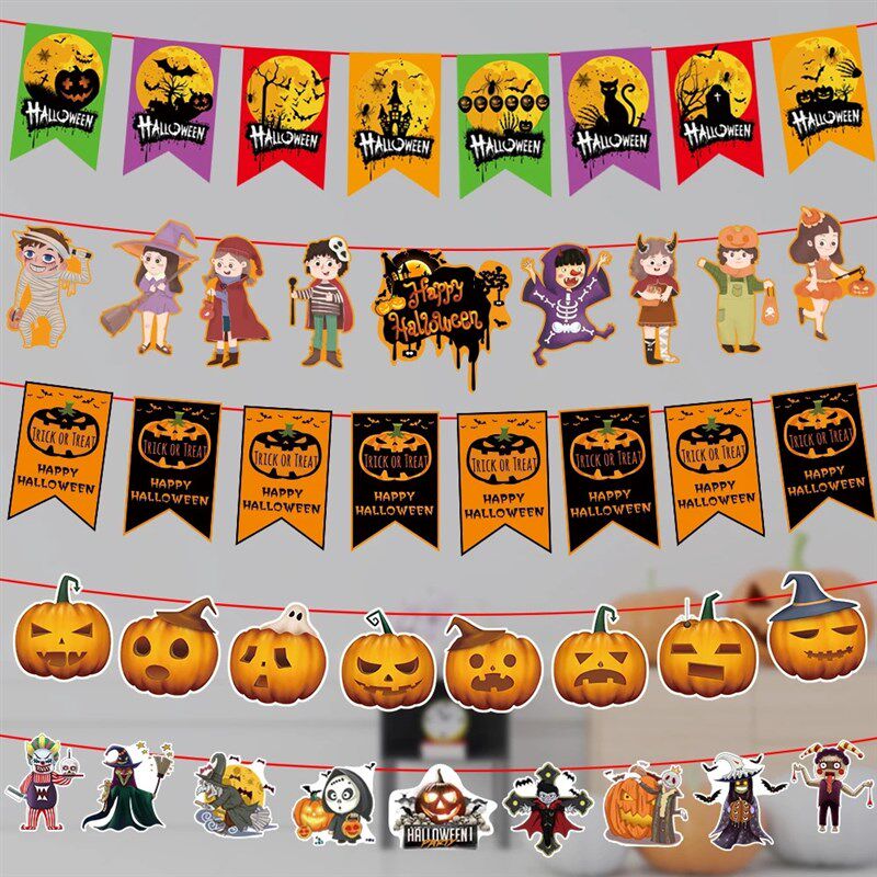 极速Halloween Banner Decoration Paper Pumpkin Letter Flag Pa