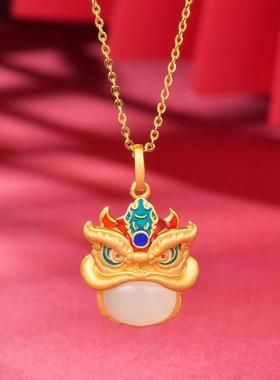 项链和田玉吊坠女风醒狮中国复古天然新款银珐琅镶国舞狮潮2022彩