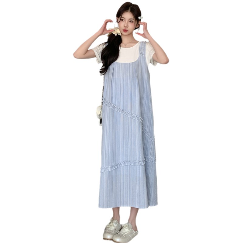 好货孕妇夏季连衣裙两件套时尚宽松条纹韩式背带裙套装宽松遮肚裙
