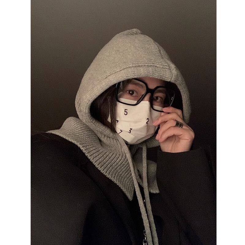极速针织连帽围巾冬季女孩围脖帽子保暖毛线帽搭羽绒服大衣米色卡