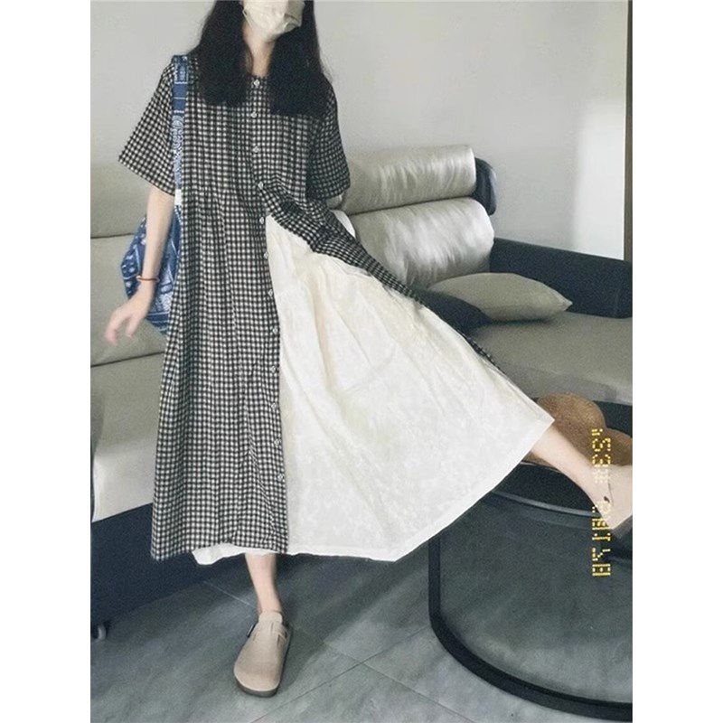 好货孕妇夏装连衣裙2025新款夏季复古格子短袖衬衫裙女两件套孕妇