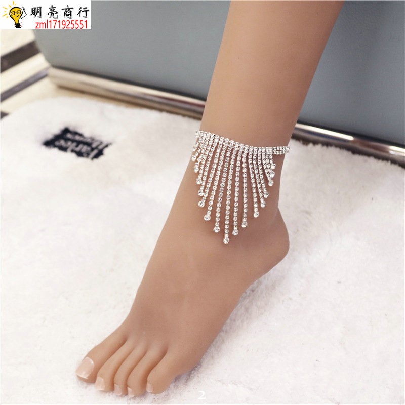 欧美时尚精致水钻长流苏脚链 闪亮水晶性感脚饰珠宝大气女anklet