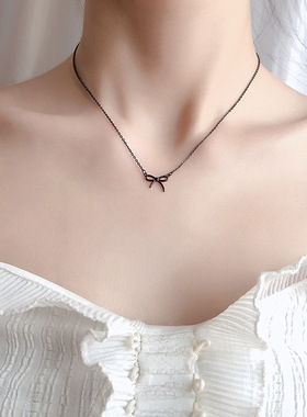 925银黑色蝴蝶结项链简约气质学生锁骨链女潮ins酷冷淡风